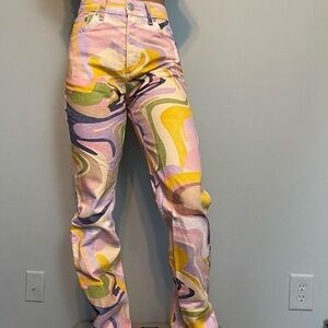 Zara multicolor denim jeans with psychedelic print. Size 6